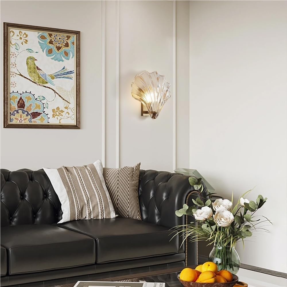 Applique da Parete in Stile Mid-Century Modern con Paralume in Vetro a Conchiglia, in Ottone Spazzolato, con Cablaggio Fisso, Vintage, per Soggiorno, Ingresso, Isola della Cucina, Fattoria, Sala