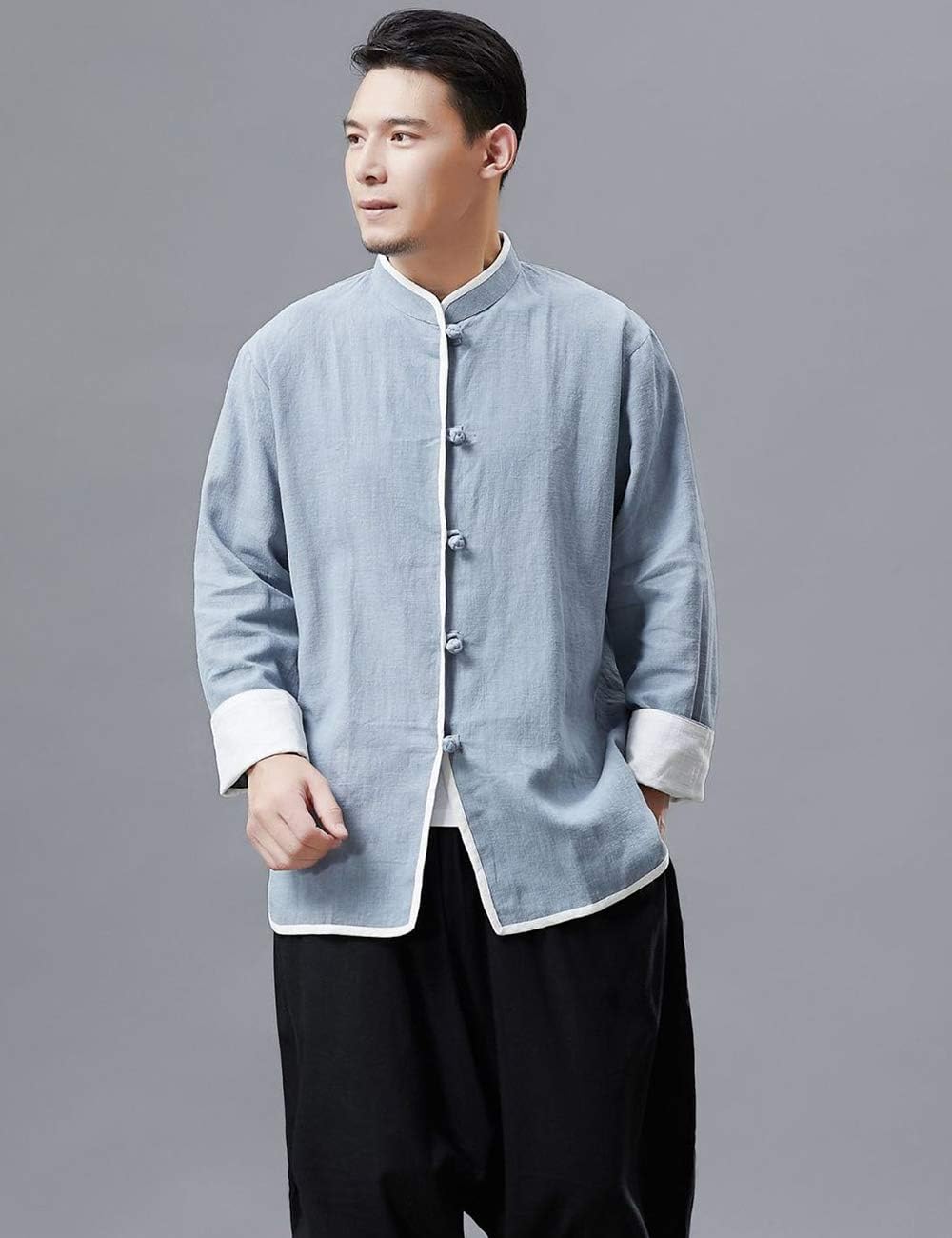 LZJN Men's Spring Lightweight Kung fu Tang Suit Coat Chinese Traditional Frog Button Linen Shirts