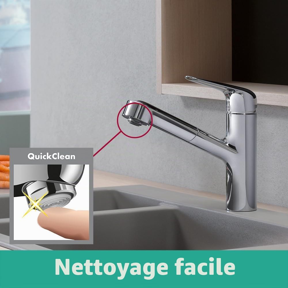hansgrohe Focus M42 - Mitigeur de cuisine avec douchette extractible, 1 jet, Robinet avec hauteur sous bec 150 mm, Robinetterie avec bec pivotant et extensible, Chromé, 71814000