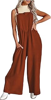 Overol casual para mujer, sin mangas, liso, pierna ancha, tirantes de botón, ajuste holgado, con bolsillos, pantalones largos de una pieza para mujer