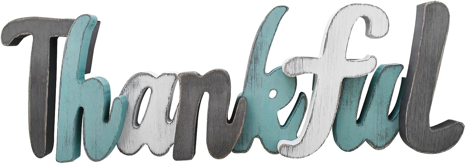 Rustic Wood Thankful Sign Wooden Block Letter Wall Decor, Decorative Hanging Word Sign,Teal Aqua Freestanding Cutout Letter Word Table Top Sign Home Decor