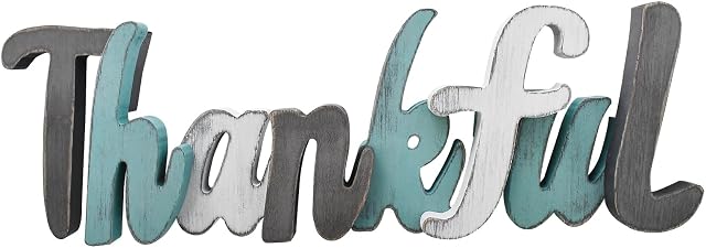 Wood Thankful Sign for Home Decor, Rustic Wood Wall Sign Hanging Decor Freestanding Cutout Block Letter Sign, Decorative Teal Word Sign for Shelf Mantel Decor