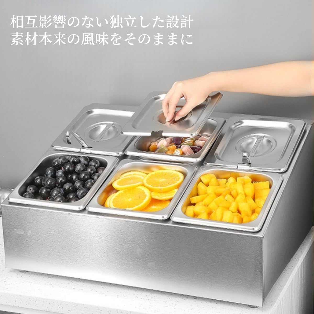 Bxzzuis ビュッフェ プレート 容器 トレイ、 冷蔵、食品ディスプレイセット、ステンレススチール、蓋付き、キッチンスパイスラッ
