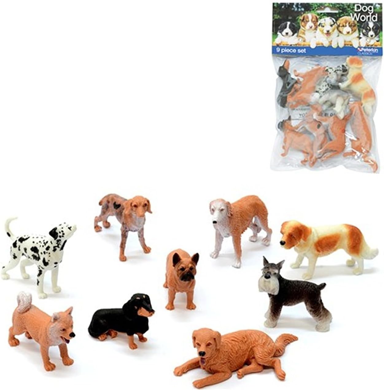 PETERKIN CLASSICS | Dog World 9-Piece Set | 7-10cm Plastic Dog Figure Toys | Dalmatian, Vizsla, Afghan Hound, St. Bernard, Husky, Dachshund, Pug, Schnauzer, Golden Retriever | Roleplay Toys | Ages 3+