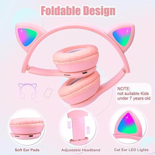 Miniatura 4 de Auriculares inalámbricos con orejas de gato, auriculares para niños con micrófono y luz LED para gato, volumen seguro limitado de 85 dB, auriculares