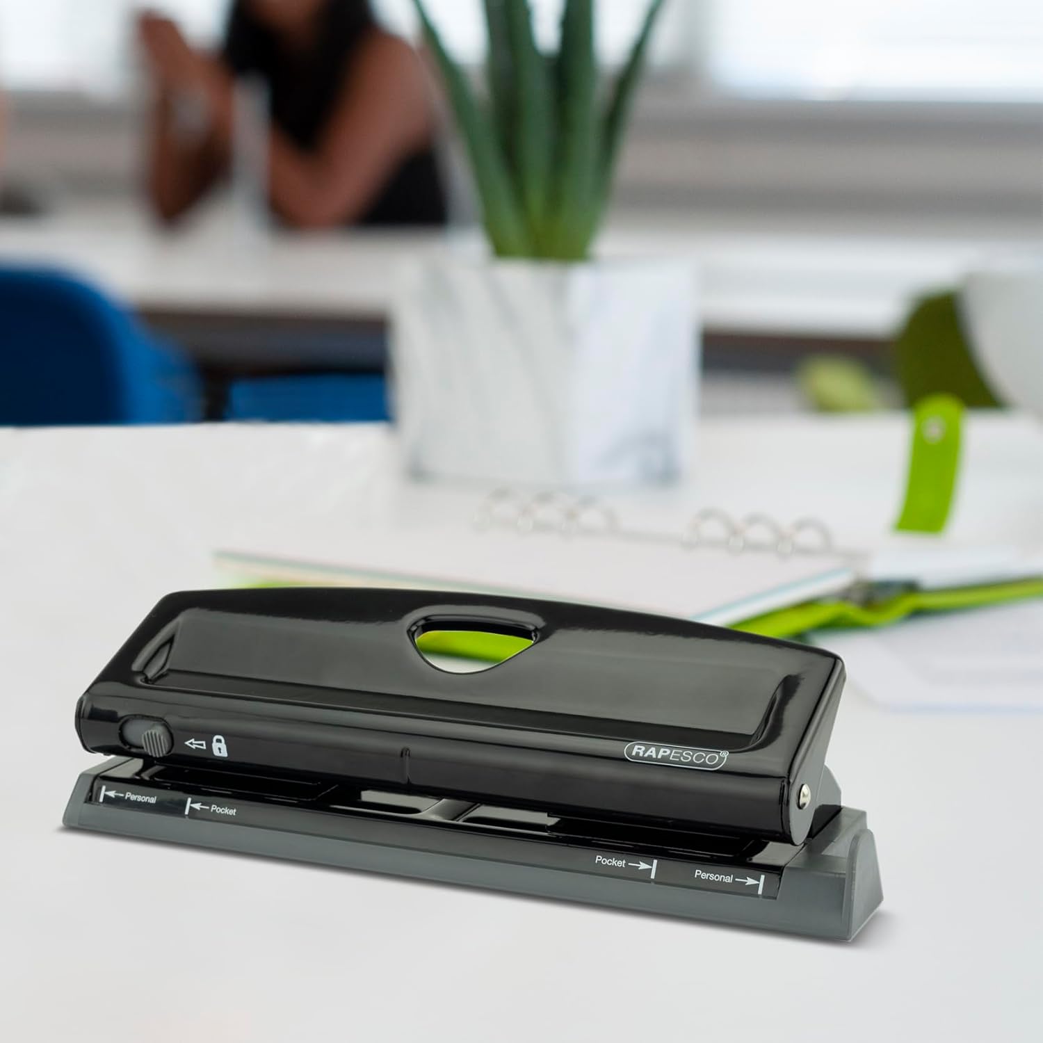 Rapesco 1725 Adjustable 6-Hole Punch, 4 x Different Positions, 9 Sheets Capacity, Metal Six Holes Puncher with Lock-Down Handle, Works with A5, A6, Compact, Slimline, Pocket, Filofax Mini, Black