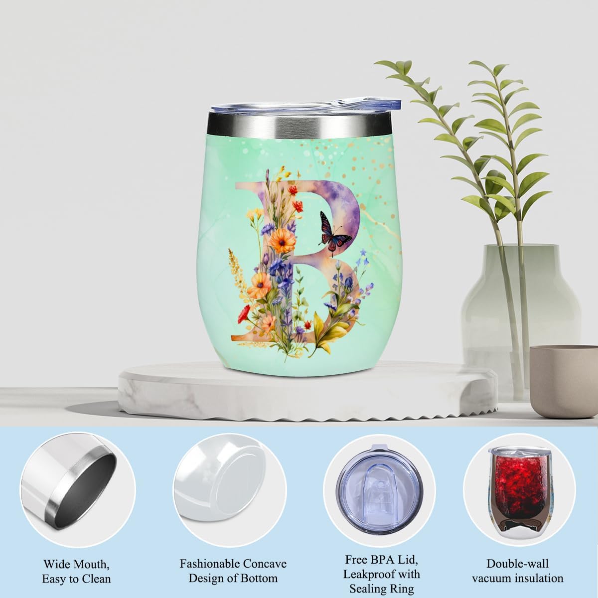 Personalized Gifts Monogrammed Birthday Gifts for Women, Sister Cowerker Mom Boss Day Christmas Appreciation Initial Wine Tumbler Makeup Bag Scented Candle Bracelet Set, (Aesthetic Green Flower B) - Image 3