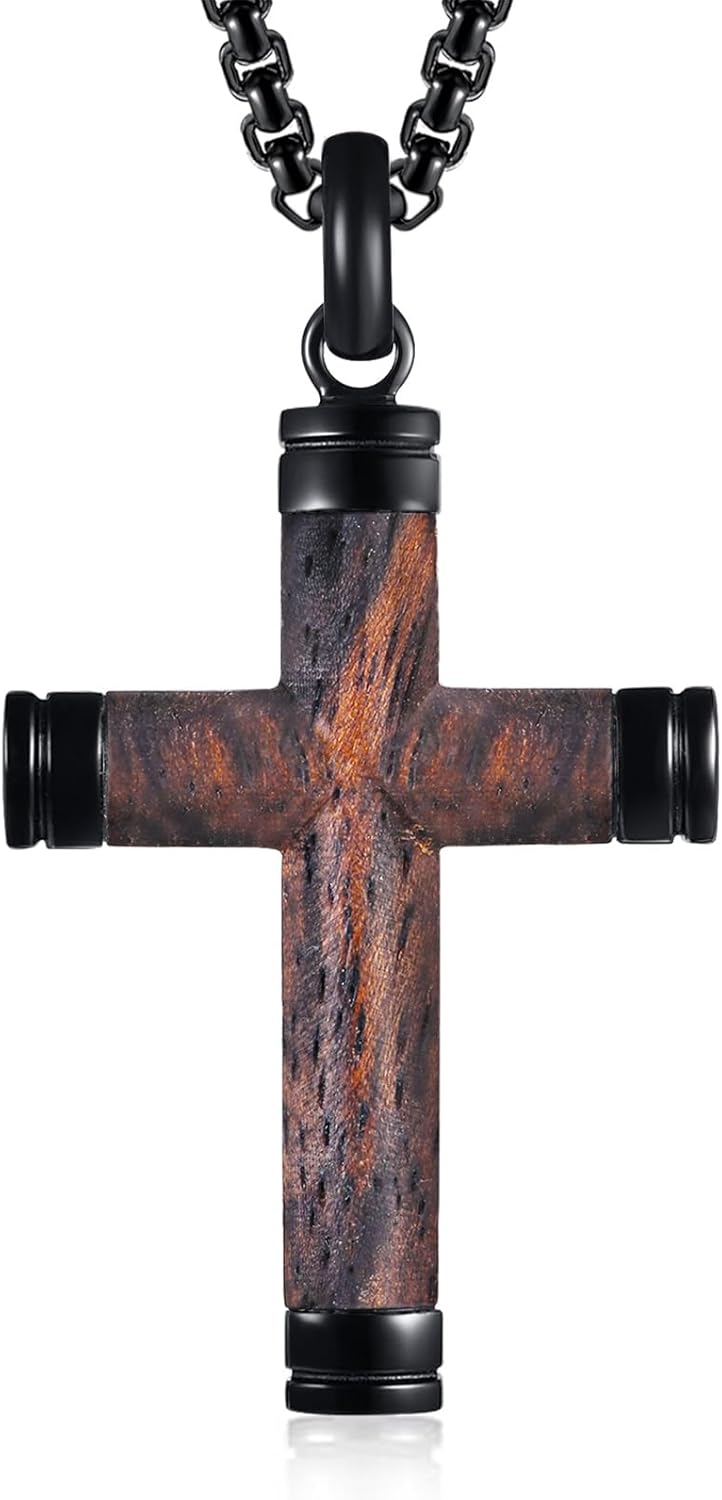 Wooden Cross Necklace for Men-Hawaiian Real Handmade Ebony Wood Cross Pendant Necklace Stainless Steel Chain, Mens Brown Cross Necklaces Koa Wood Jewelry Christian Baptism Crucifix Pendant for Men