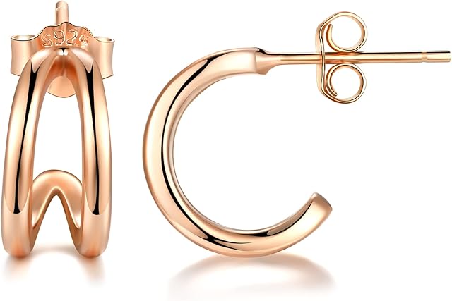 Lydreewam 925 Sterling Silver Small Half Hoop Earrings for Women Girls, Mini Huggie Hoop Earrings, 12mm Diameter Double Hoop Earrings, 3 Colors in Silver/Gold/Rose Gold