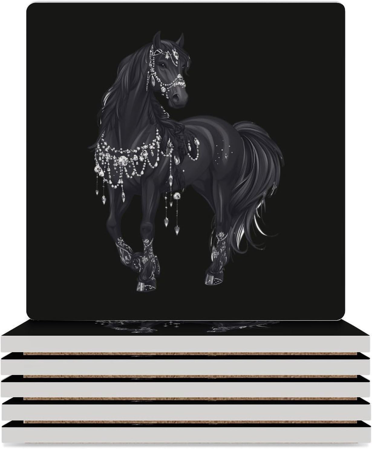 Black Arabian Horse Coasters for Drinks Square Table Coasters Set Cup Mats with Cork Base