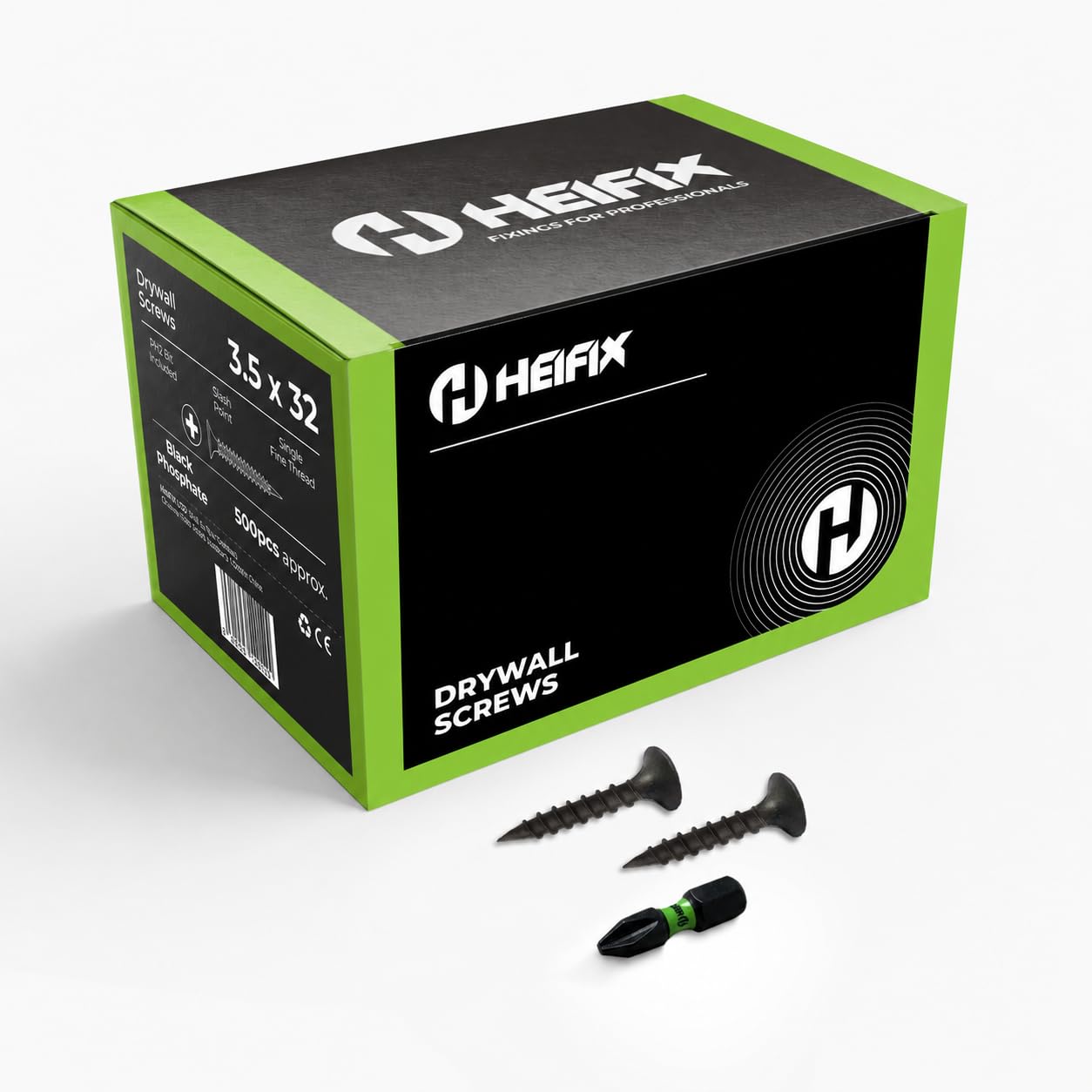 Heifix Drywall Plasterboard Screws - FREE PH2 Screw Bit Included - Black Phosphate Single Fine Thread (QTY 500, 3.5 x 32mm)