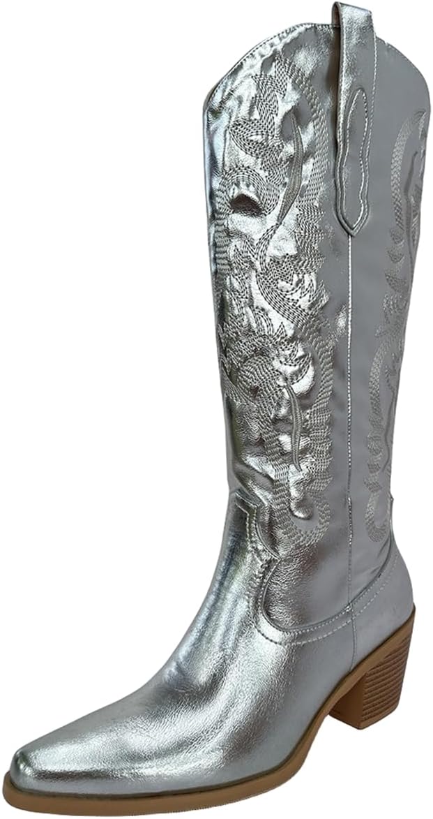 Metallic Cowboy Boots Woman Fretwork Embroider Western Boots Mid Chunky Heel Pull On Cowgirl Boots