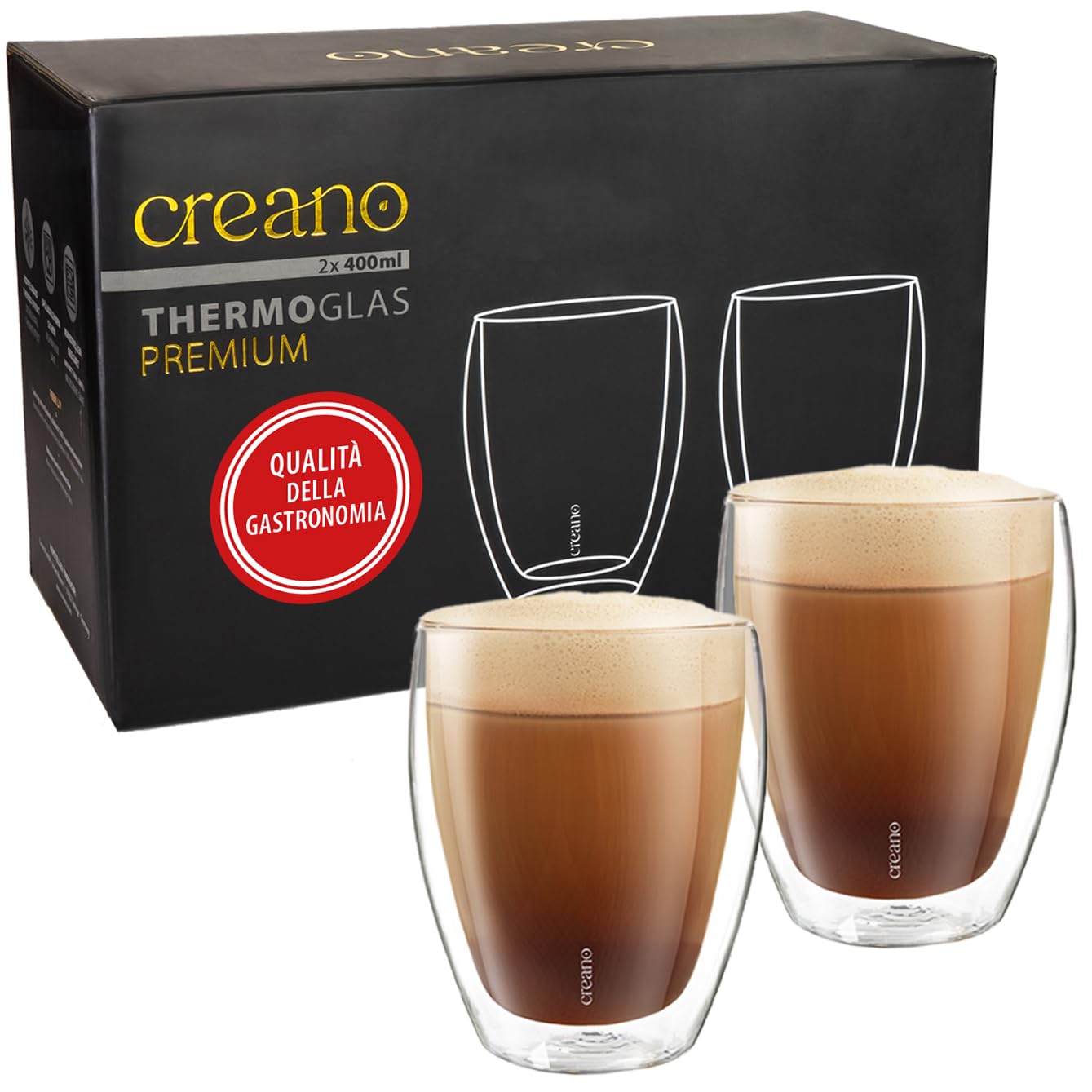 Creano Bicchieri da Caffè Doppia Parete 400 ml – Set 2 Pezzi, Vetro di Qualità Gastronomica, 100% Lavabile in Lavastoviglie, Catering Business Affari - Innovatzione 2024