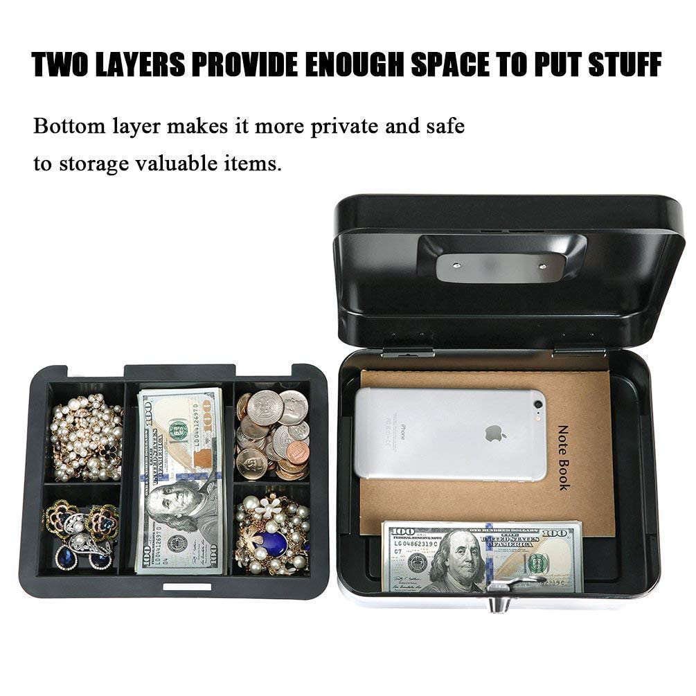 Suptikes 9.84"x 7.87"x 3.54 Metal Cash Box with Key Lock, Note & Coin Tray, Removable Money Tray – Secure Storage for Cash, Documents & Valuables (Black) 2