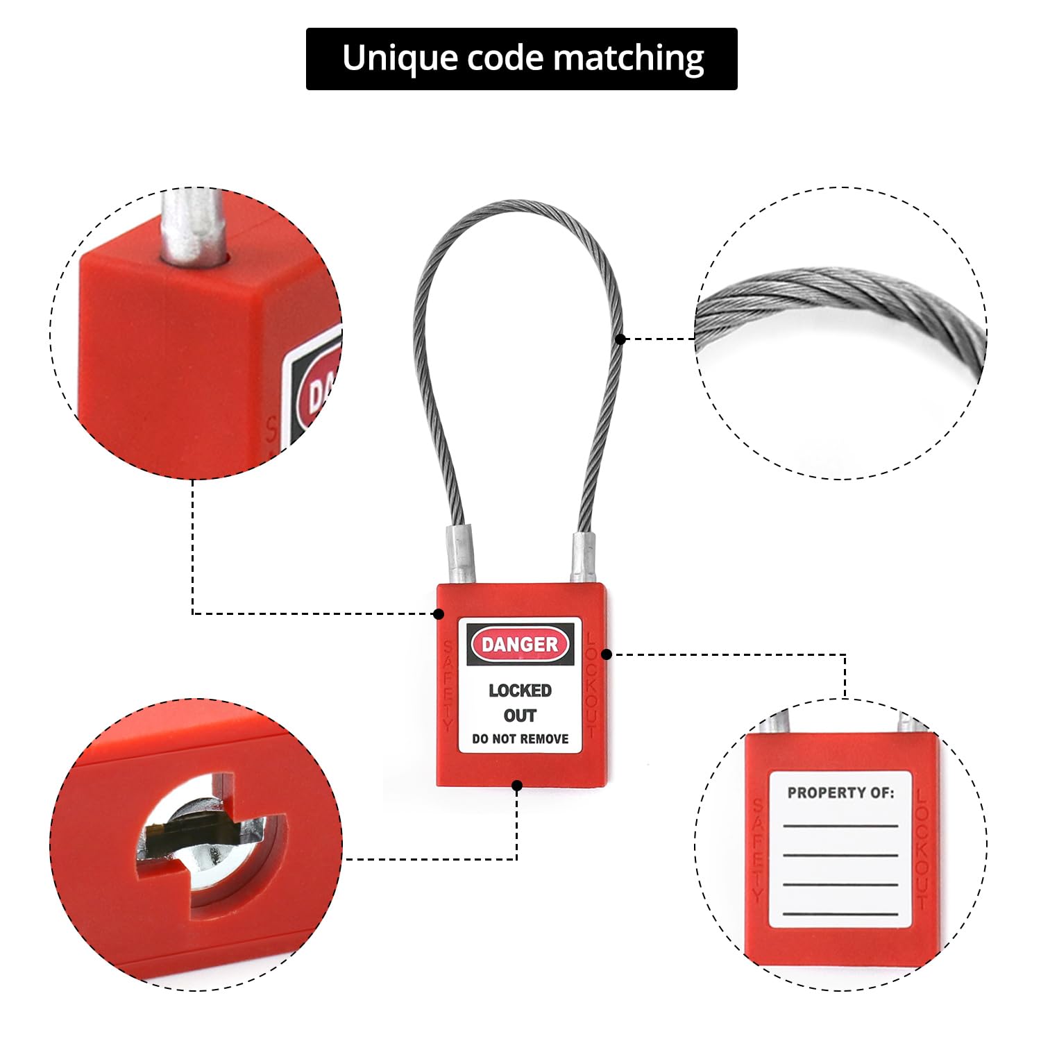 QWORK Lockout Tagout Stahl-Kabelschlösser, 10 Stück, kompaktes Kabel-Vorhängeschloss mit 20 Schlüsseln, rot schließend, verschiedene elektrische Verriegelungen