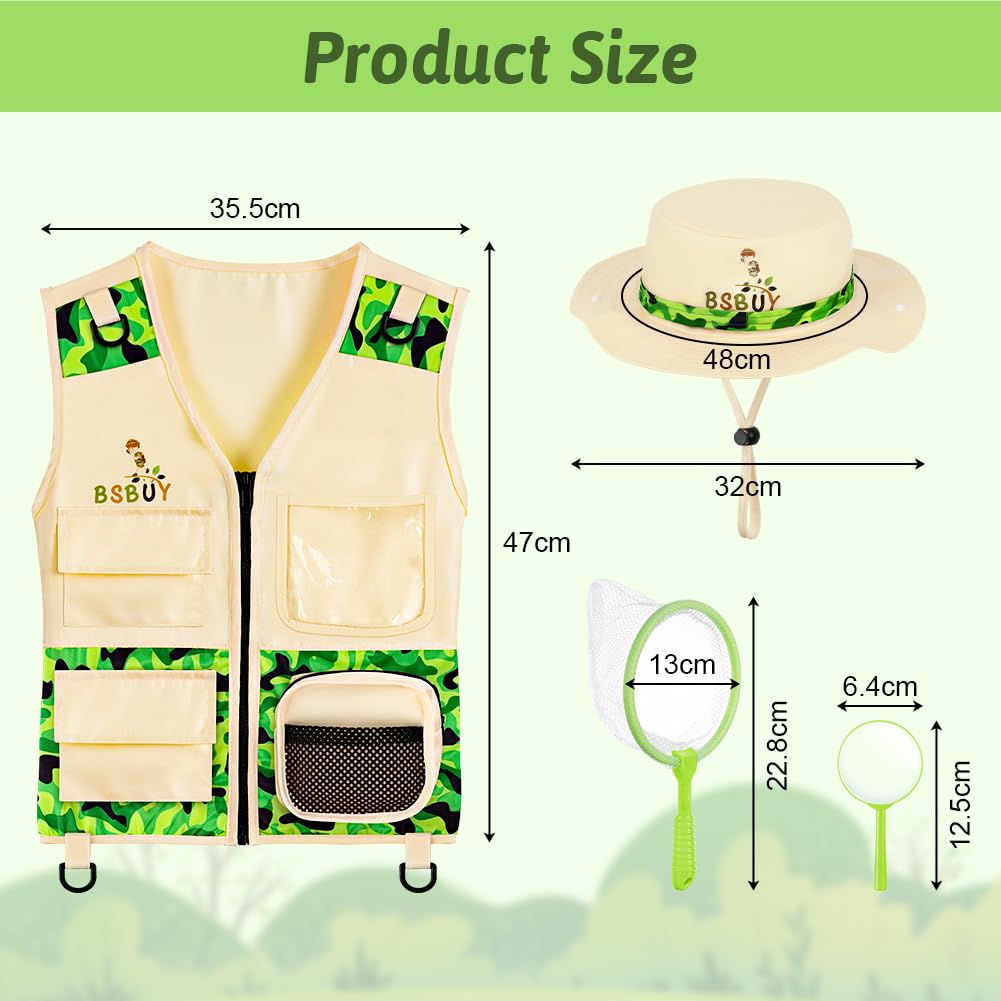 Kit d'exploration Enfants, 4Pcs Costume Explorateur Extérieur Camouflage avec Filet à Papillons et Loupe, Kit de Aventurier Extérieur, Cadeau d'exploration Nature pour Garçon Fille, Vert - 2