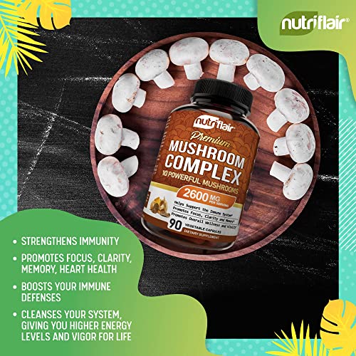 Nutriflair Mushroom Supplement 2600Mg, 90 Capsules - 10 Mushrooms Blend - Reishi, Lions Mane, Cordyceps, Chaga, Turkey Tail, Maitake, Shiitake, Oyster Nootropic Complex - Brain, Energy, Focus Pills #TOP7