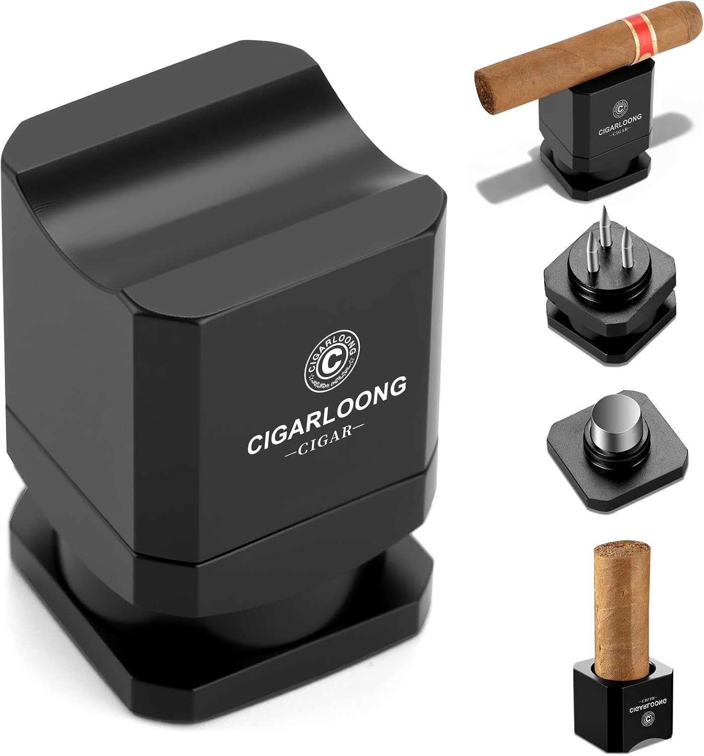 Cigar Punch & Cigar Stand, Stainless Steel Cigar Holder with Hole Opener Cutter & Draw Enhancer Tool Sharp Triple Needle, Compact Cigar Rest Gift for Men (Black)