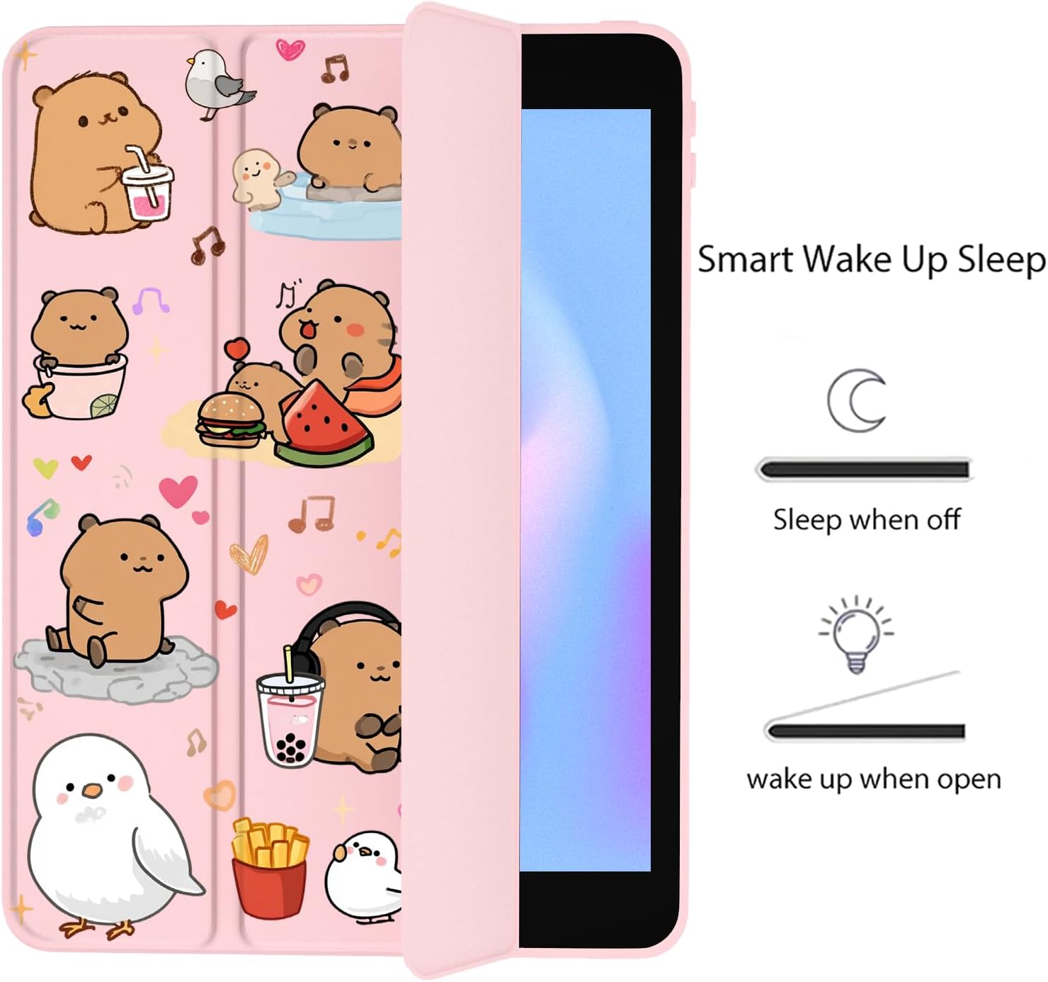 LuGeKe Cute Capybara & Bird Pattern Case for 10.9" iPad Air 4/5th Unique Case,Pencil Holder & Clear Acrylic Back & Trifold Stand Cover for Women
