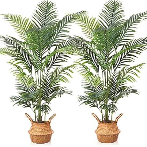 Ferrgoal Artificial Areca Palm Plants 5.9 Ft Fake Palm Tree with 20 Trunks in Pot with Woven Basket Faux Dypsis Lutescens Plant for Home Indoor Office Modern Decor Perfect Housewarming Gift Green Cover