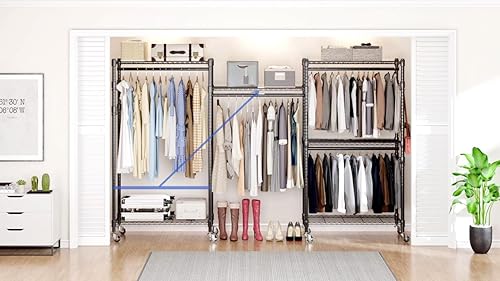 Vista 27 de Perchero de ropa resistente, perchero ajustable con estantes, armario independiente, 1 barra para colgar ropa, 3 estantes de alambre cansados, 4