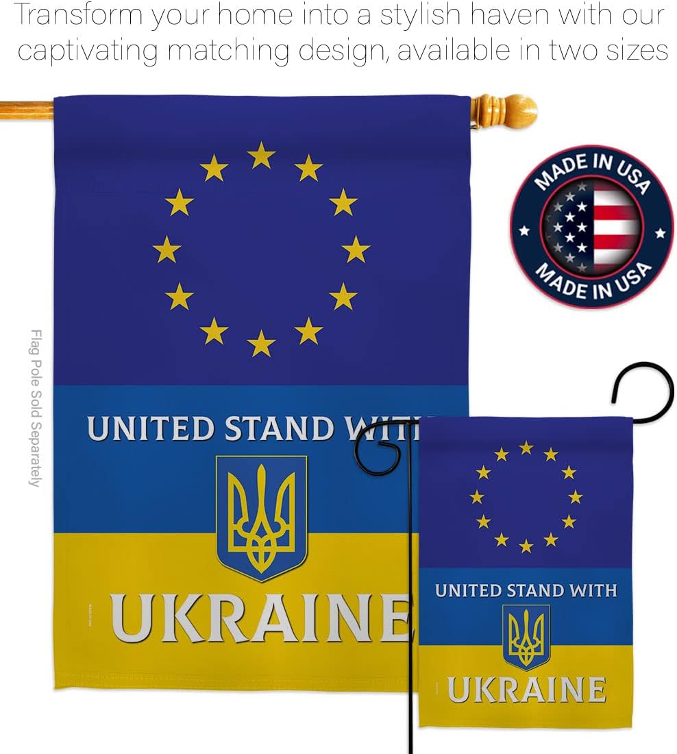 European Union Stand with Ukraine House Flag - Set Support Cause Ukrainian - Decoration Banner Small Garden Yard Gift Double-Sided Made in USA 28 X 40
