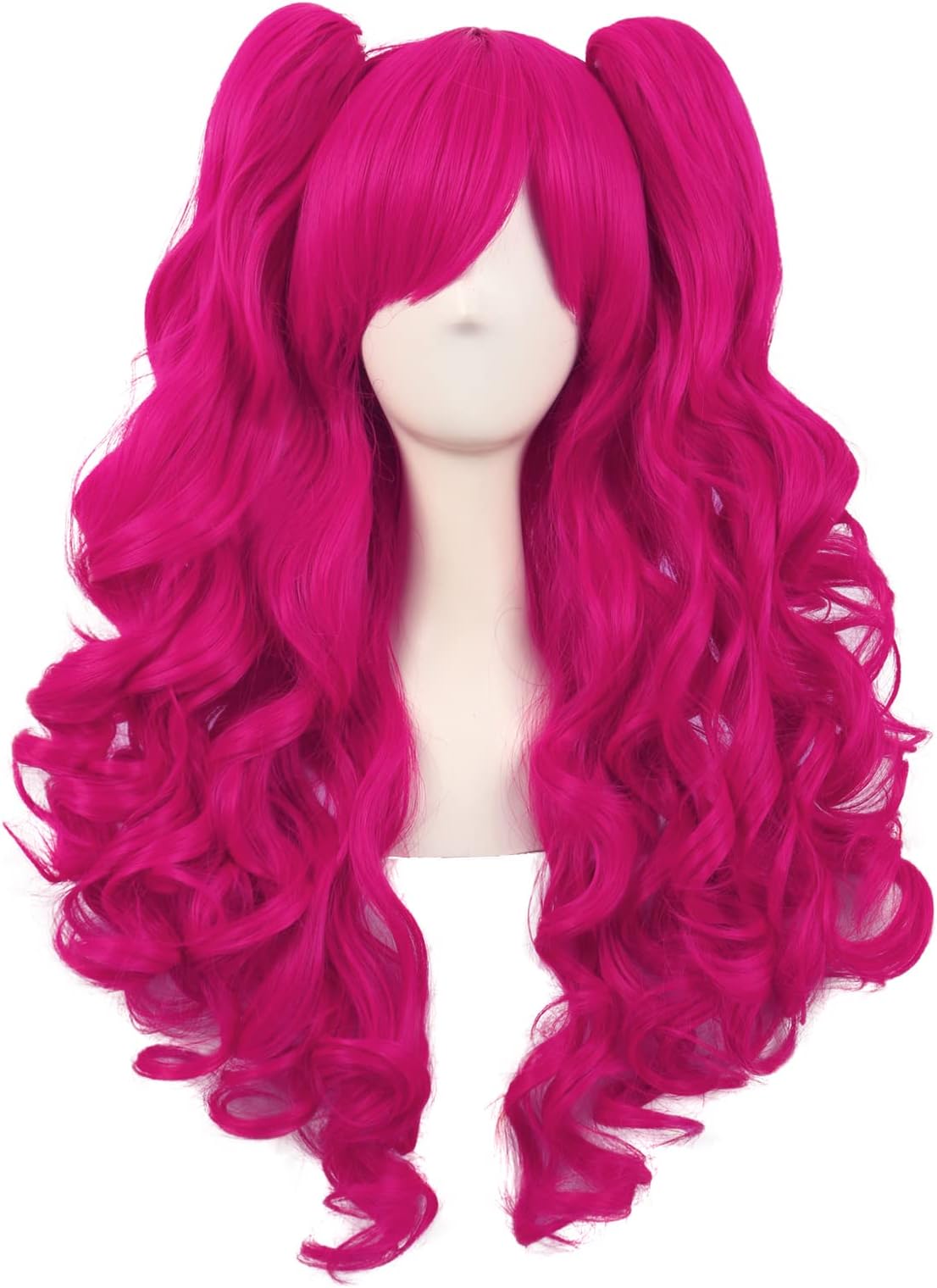 MapofBeauty 28 Inch/70 cm Lolita Long Curly 2 Ponytails Clip on Cosplay Wig (Hot Pink)