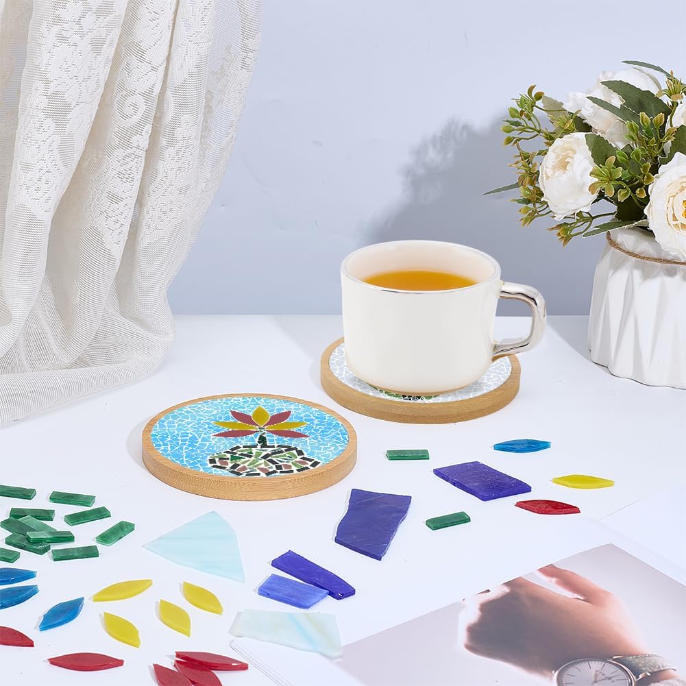 WEBEEDY 3 Sets DIY Flower Mosaic Coaster Kit Colorful Mosaic Tiles with 11cm/4.3" Round Bamboo Coaster Floral Patterns Mosaics Coasters Making with Instruction for Adults Beginners Birthday Gift