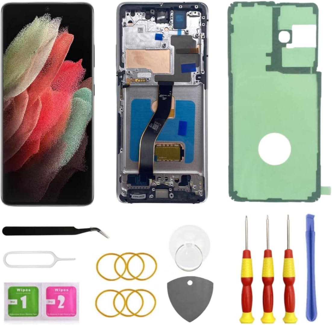 OLED for Samsung Galaxy S21 Ultra 5G LCD Screen Replacement for Samsung S21 Ultra Touch Digitizer Screen Display Assembly with Frame Toolkits G998U G998B/DS (Silver)