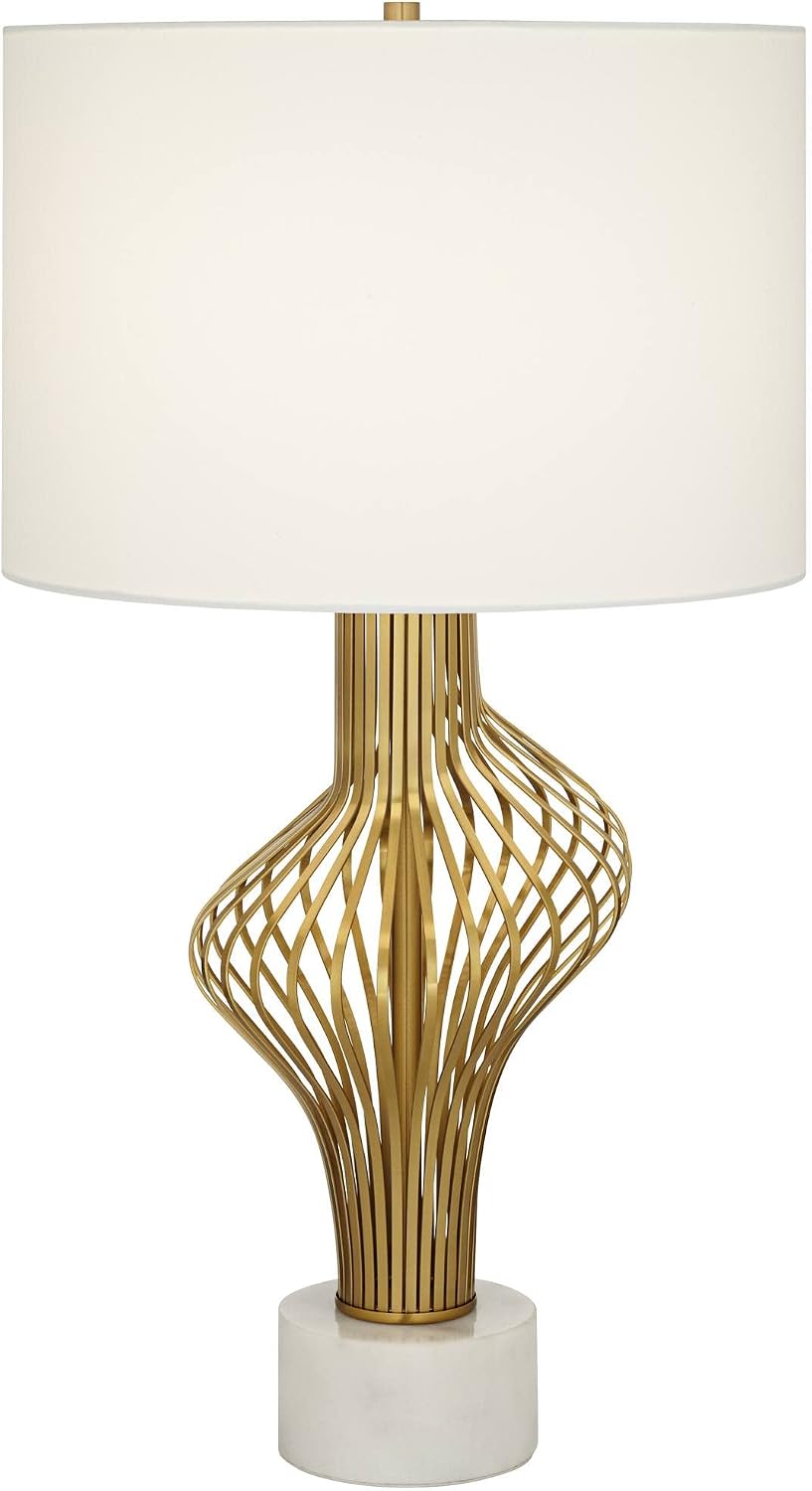 Possini Euro Design Cyclone 30" Tall Sculptural Large Modern Glam Luxury End Table Lamp Gold Finish Metal Marble White Shade Living Room Bedroom Bedside Nightstand House Office Home Reading Kitchen