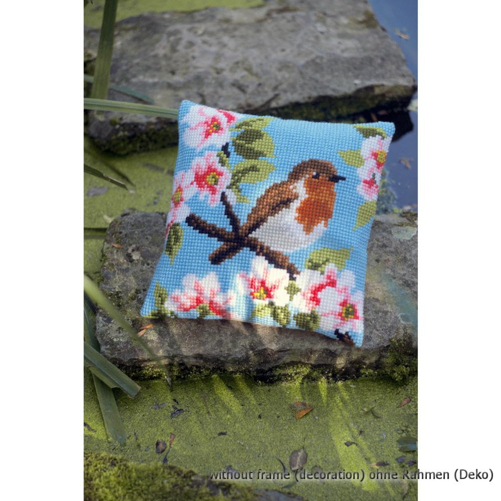 VERVACO Kit Cuscino Punto Croce PETTIROSSO E FIORI Set Ricamo Principianti Cuscini Gobelin Decorativi ca. 40 x 40 cm Accessori Per Lavoretti Creativi DIY Casa Decor Hobby Adulti Cross Stitch