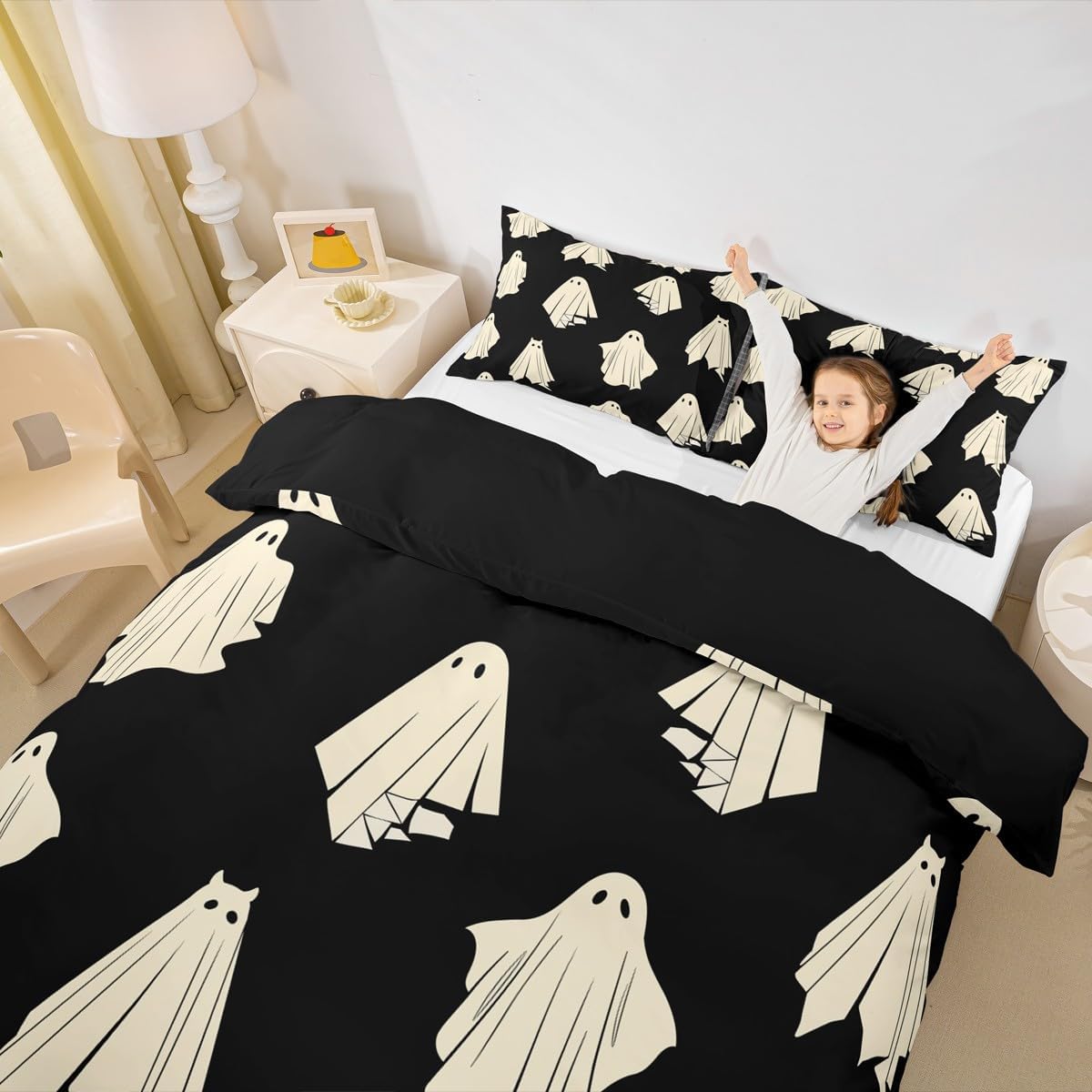 Castle Fairy Black Halloween Theme Decorations,Kids Halloween Ghost Printed Print King Size Duvet Cover for Teens Adults,Ghost Bedroom Decor Soft Comforter Cover with Zipper Closure(No Comforter)
