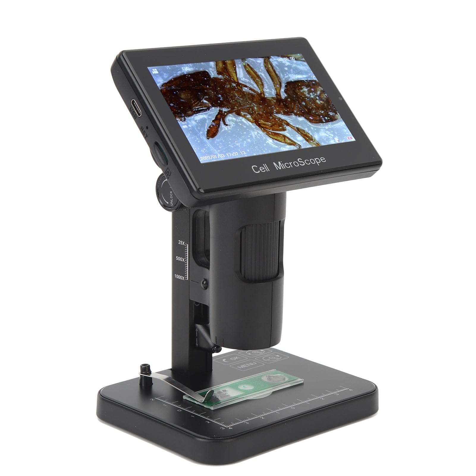 Microscopio Digital, Cámara Microscópica 1080P 3 Modos de Iluminación con Pantalla IPS de 5 Pulgadas para Investigación