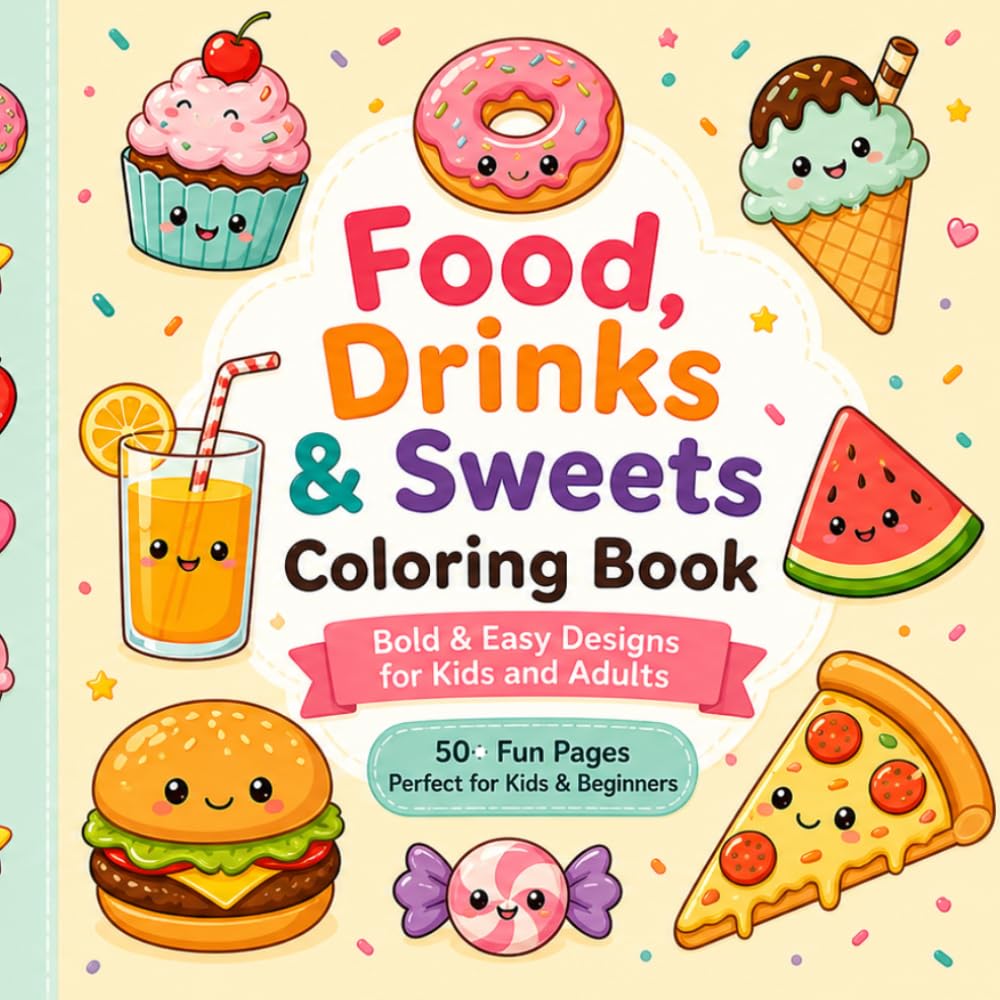 Food, Drinks & Sweets Coloring Book for Kids and Adults |51 Bold and Easy Designs | Simple and Big Food, Dessert, Fruit and Drink Illustrations for ... Simple Cute Big Food for Boys And Girls