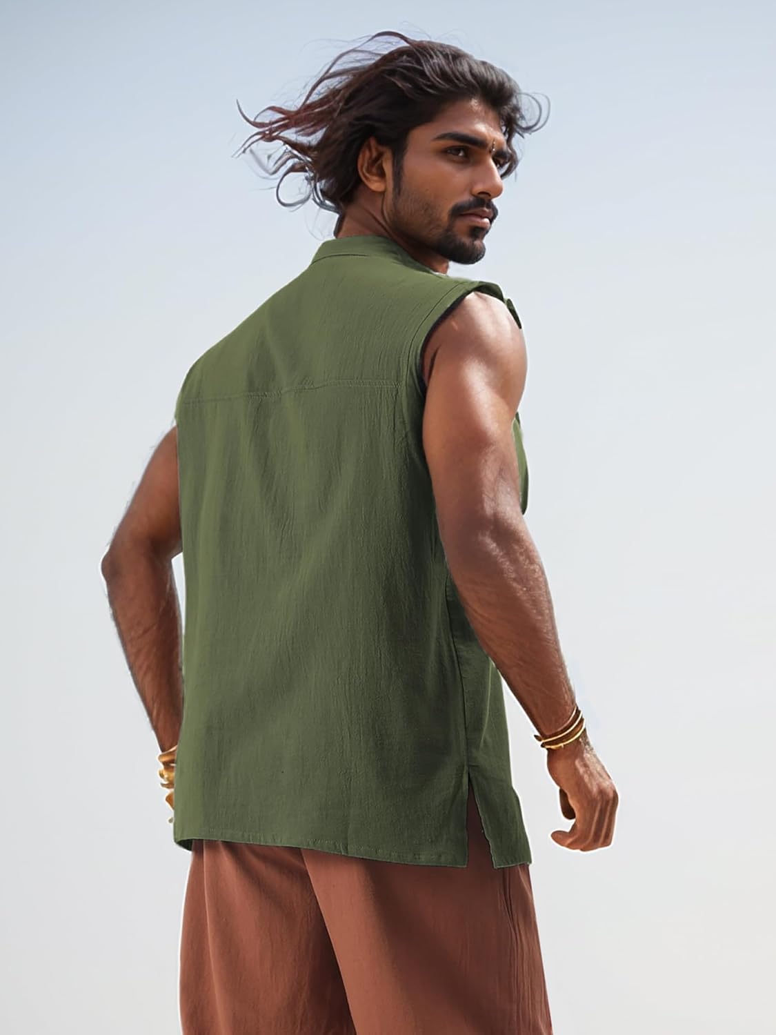 Mens Medieval Pirate Sleeveless Shirts Renaissance Lace Up Cotton Linen Tank Top Gothic Viking Pirate Beach Tunic - Image 2