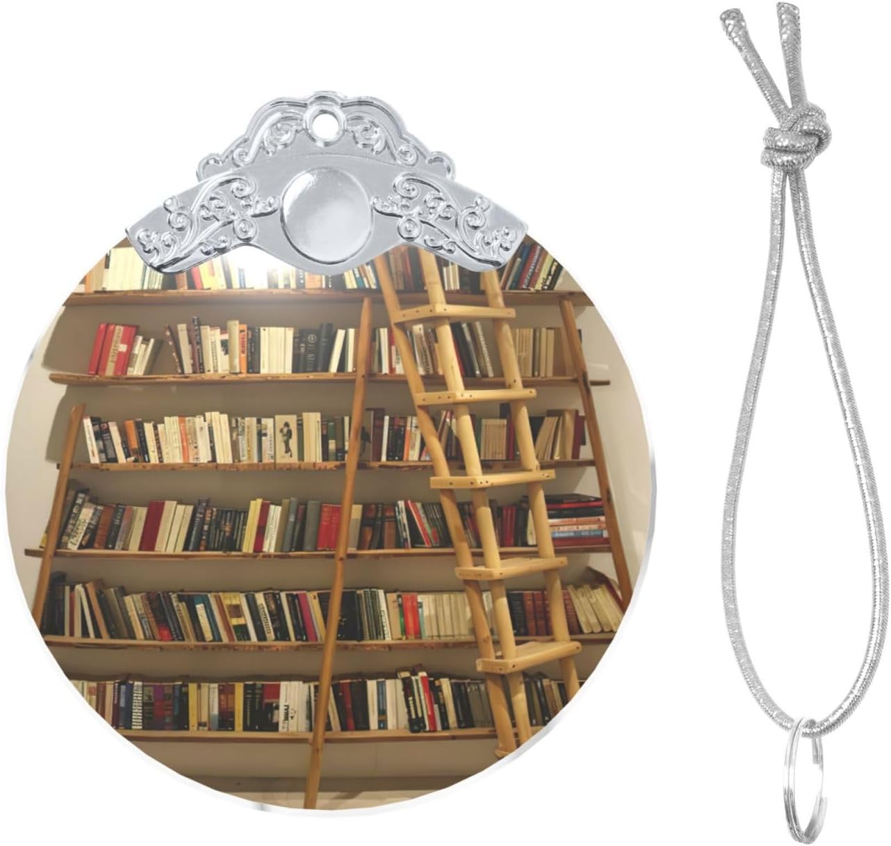 Funny Book Shelves Collection and Ladder Print Clear Glass Round Pendant with Chain,Indoor Use Decorative Pendant,Creative Decoration