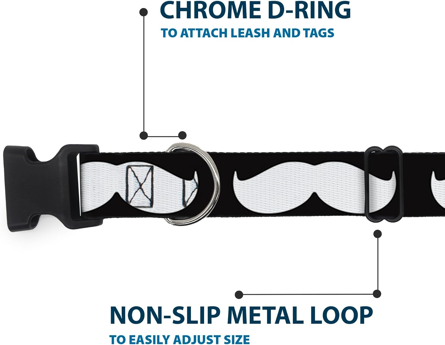Buckle-Down 18-32" Mustache Black/White Plastic Clip Collar, Wide Large