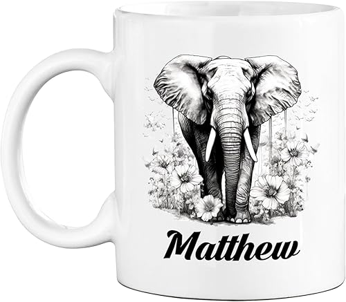 Taza de café con nombre personalizado de elefante, regalo para hombres y mujeres, cumpleaños, amante de los animales, elefante, taza de café blanca