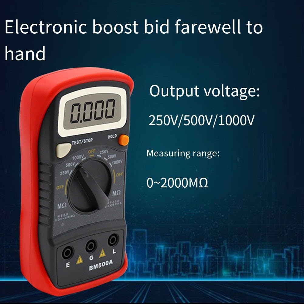 Probador digital de resistencia de aislamiento, medidor de megohm de 1000 V BM500A con refuerzo electrónico, salida de 250 V/500 V/1000 V, rango de 0 a 2000 MΩ, compacto para motores y cables