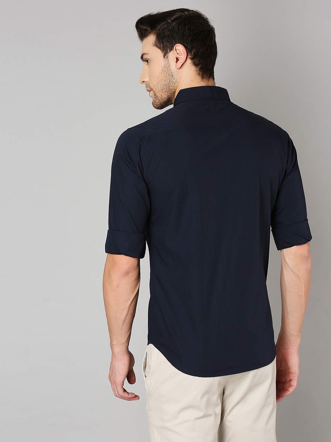 Dennis Lingo Men's Cotton Navyblue Solid Casual Shirt (C301_Navyblue_XL) 3