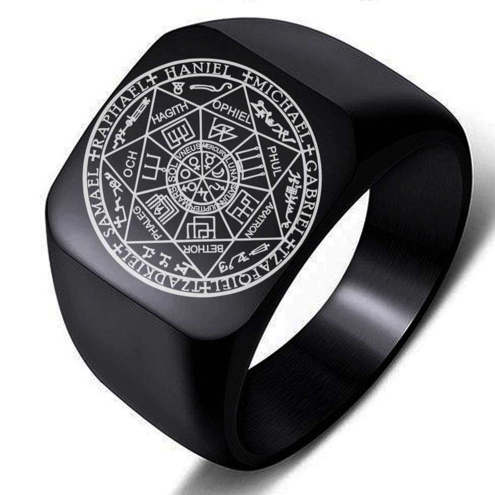 The Seals of The Seven Archangels Protection Amulet Seal Solomon Kabbalah Mens Womens Stainless Steel Polished Ring, Metal