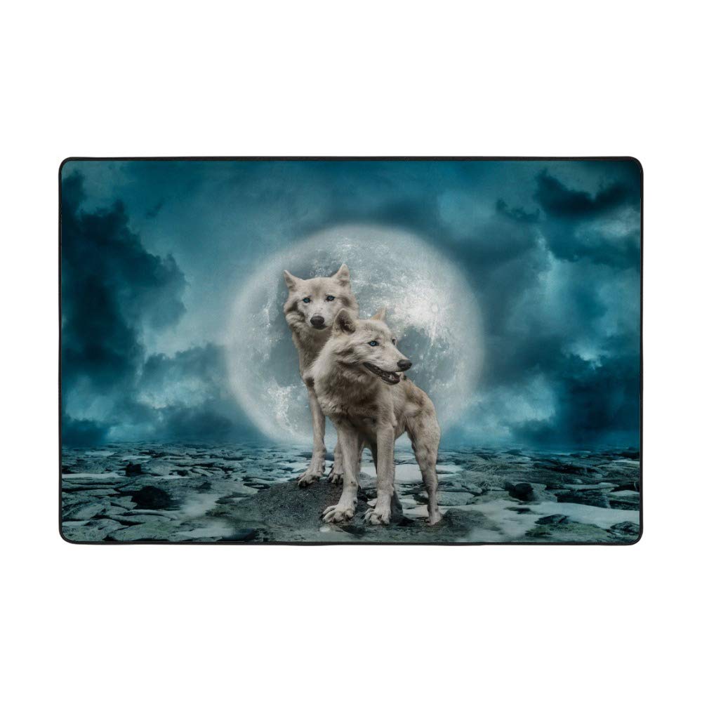 Tapis de salon loup pleine lune bleu 183x122 grand tapis velours