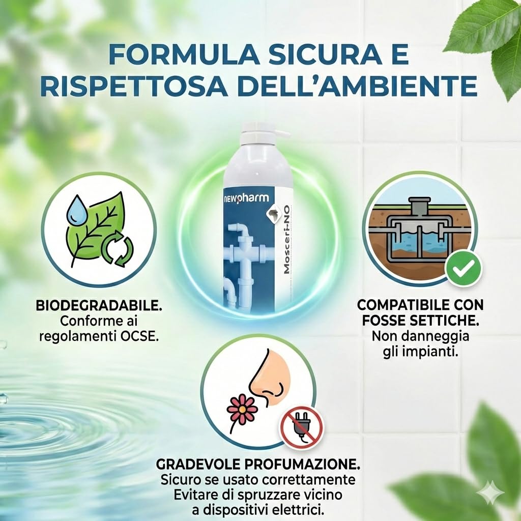 MOSCERI-NO Schiuma Attiva per Tubature – Schiuma Pulisci Tubi Lavandino Anti-Odori e Mosca dei Bagni – Schiuma Pulisci Scarichi Probiotici Biodegradabili – Compatibile Fossa Settica – 500 ml