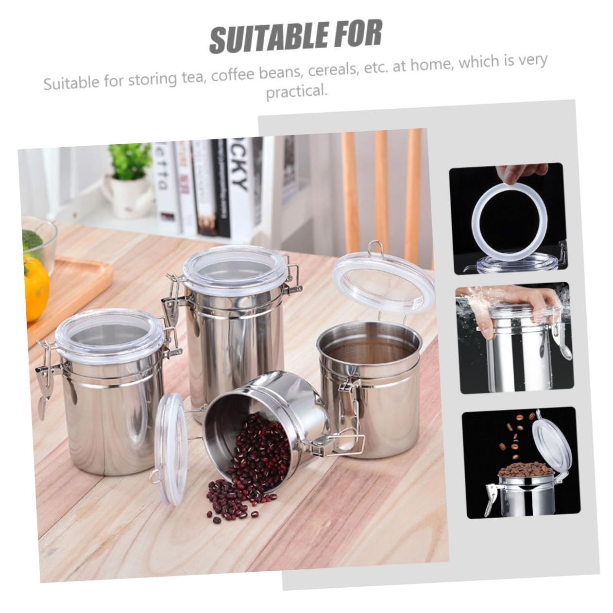 Zerodeko Recipiente Hermético de Acero Inoxidable para Almacenar Alimentos, 4 Piezas Cierre Seguro, Adecuado para Café y Té en Cocina