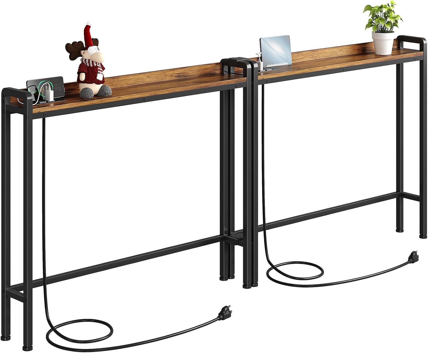 Kitstorack 2-Pack Rustic Brown Narrow Console Table Behind Sofa Couch, Elevated Rear Fence & Built-in Power Outlets, Includes 6.5' Power Cord, 5.9" D x 79" L x 33.3" H