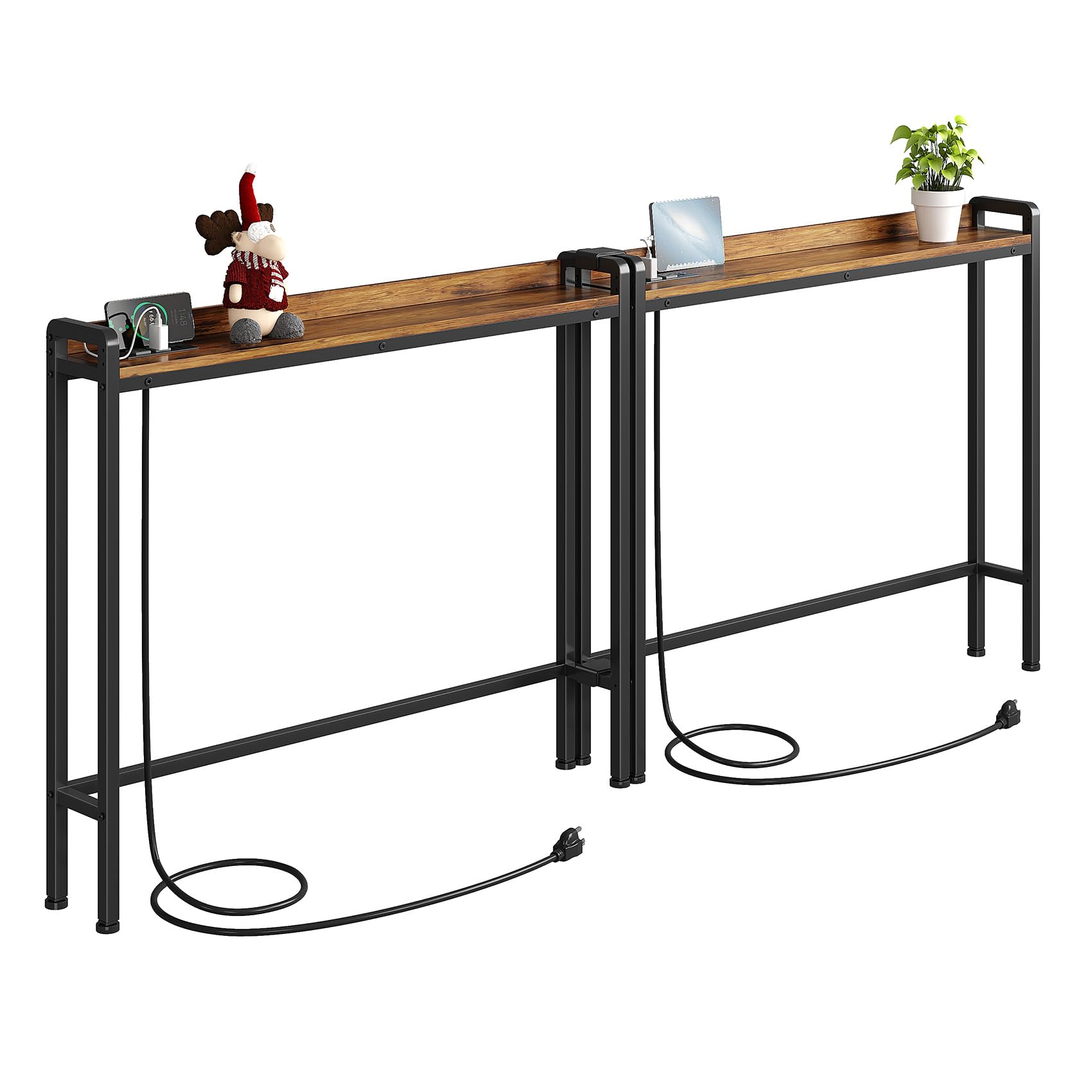 Kitstorack 2-Pack Rustic Brown Narrow Console Table Behind Sofa Couch, Elevated Rear Fence & Built-in Power Outlets, Includes 4.9' Power Cord, 5.9" D x 79" L x 33.3" H