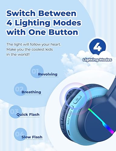 Miniatura 2 de iClever BTH12 - Auriculares Bluetooth para niños, LED con luces de colores, inalámbricos, volumen seguro de 7485dBA, tiempo de reproducción de 85