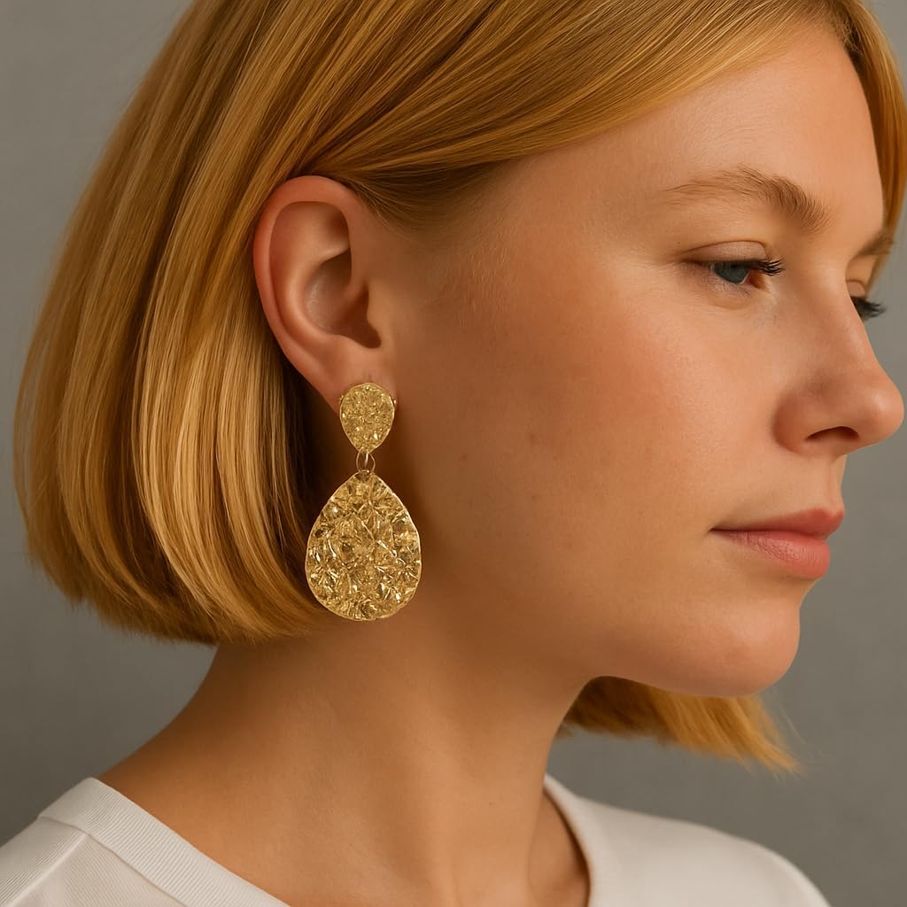 Teardrop Clip On Earrings for Women, Chunky Statement Geometric Textured Earring Clips Hammered Gold Plated Dangle Drop Earrings Jewelry Gifts
