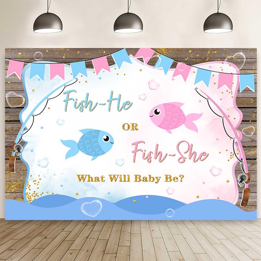 MEHOFOND 7x5ft Fish Gender Reveal Backdrop Fish-He or Fish-She Baby Shower Photography Background Pink or Blue Fish Gender Reveal Party Decor Rustic