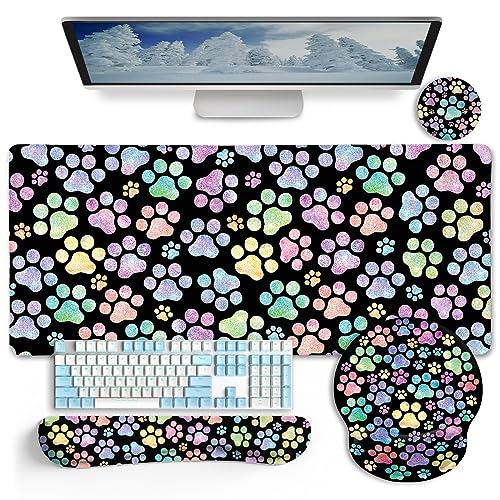 LIMKRIAN Dog Paw Mouse Pad Set XXL Large Desk Mat Pad, Cute Ergonomic Mouse Pad with Wrist Support Wrist Rest for Computer Keyboard, Cup Coaster Cute Cat Paw Office Supplies Desk Decor Accessories